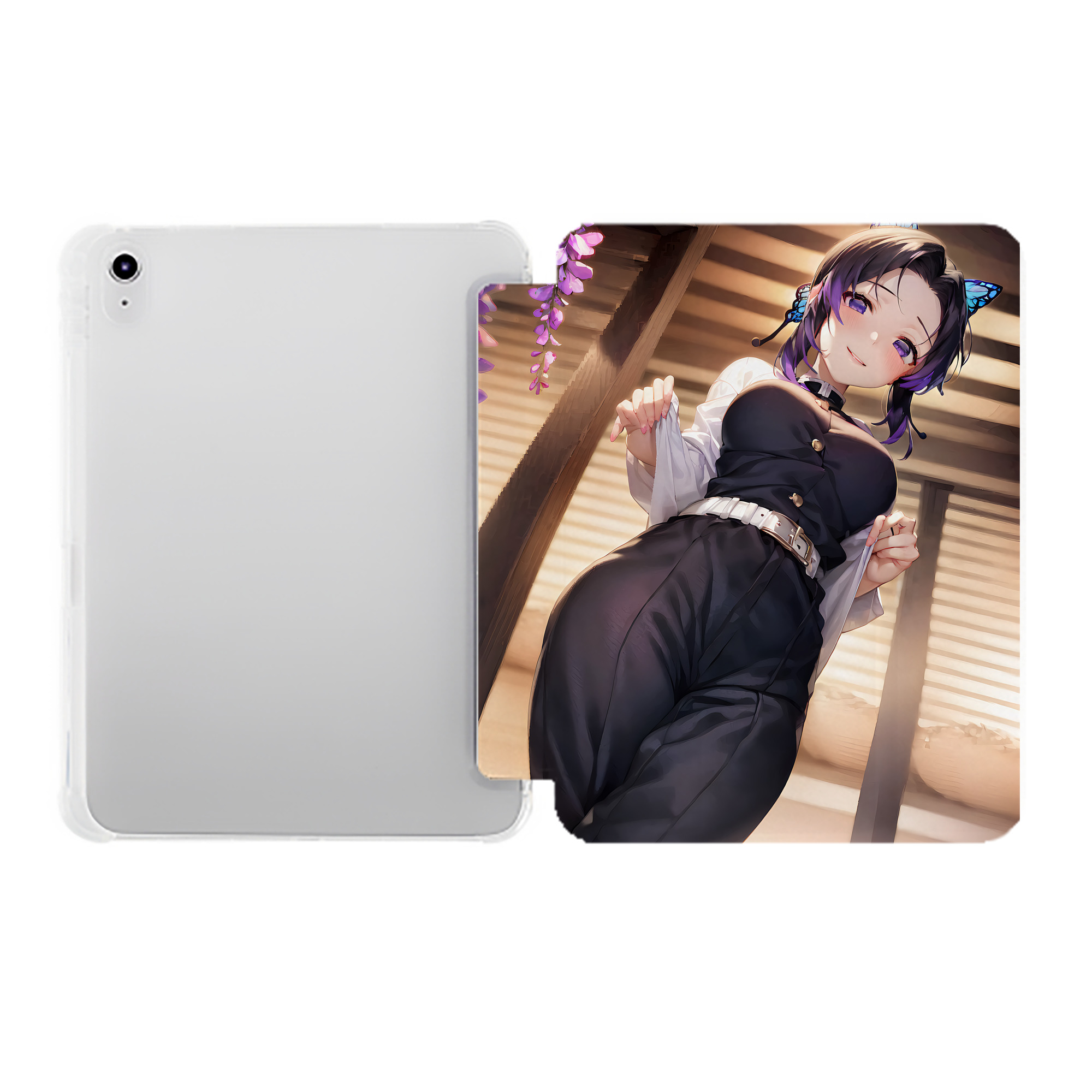 （画像用） 鬼滅の刃（きめつのやいば）蟲柱-胡蝶 しのぶ／こちょう しのぶ Kochou Shinobu IPad ケース ペン収納付き 三つ折りスタンド PUレザー×シリコン 対応機種9.5/10.5/10.9インチ